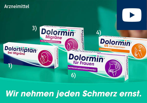 Vier Dolormin-Packungen auf einem grünen Hintergrund: Dolortriptan bei Migräne mit Verweis auf Fußnote 1, Dolormin Migräne mit Verweis auf Fußnote 3, Dolormin für Frauen bei Menstruationsbeschwerden mit Verweis auf Fußnote 6, Dolormin GS mit Naproxen mit Verweis auf Fußnote 4. Oben links steht Arzneimittel, unten der Text Wir nehmen jeden Schmerz ernst. Die Fußnoten verweisen auf die Pflichttexte im Textmodul unter dem Bild. 