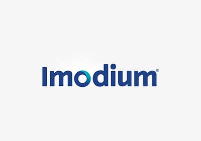 Blauer Imodium Schriftzug Logo auf hellgrauem Hintergrund