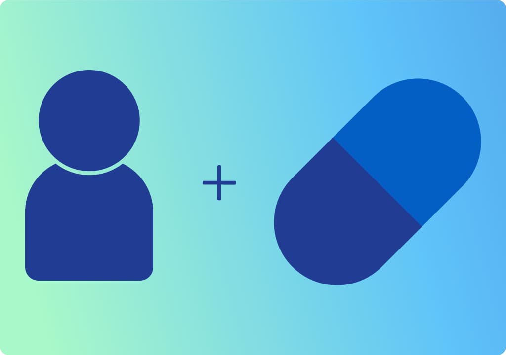 Ein blaues Symbol einer Person neben einem blauen Symbol einer Kapsel auf einem hellblauen Hintergrund mit einem Pluszeichen dazwischen