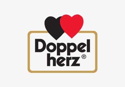 Das Logo von Doppelherz mit einem schwarzen und einem roten Herz über dem Schriftzug