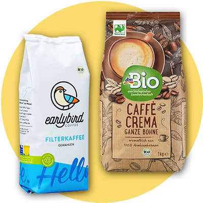 earlybird coffee FILTERKAFFEE GEMAHLEN und dmBio CAFFÈ CREMA GANZE BOHNE
