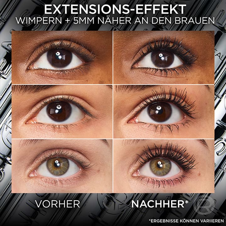 Collage aus sechs Nahaufnahmen von Augen mit unterschiedlichen Wimpern. Oben links und rechts braune Augen mit natürlichem und getuschten Wimpern. Mitte links und rechts braune Augen mit natürlichem und getuschten Wimpern. Unten links und rechts grüne Augen mit natürlichem und getuschten Wimpern.