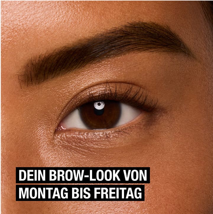 Nahaufnahme eines Auges mit gepflegter Augenbraue, darunter der Text „DEIN BROW-LOOK VON“