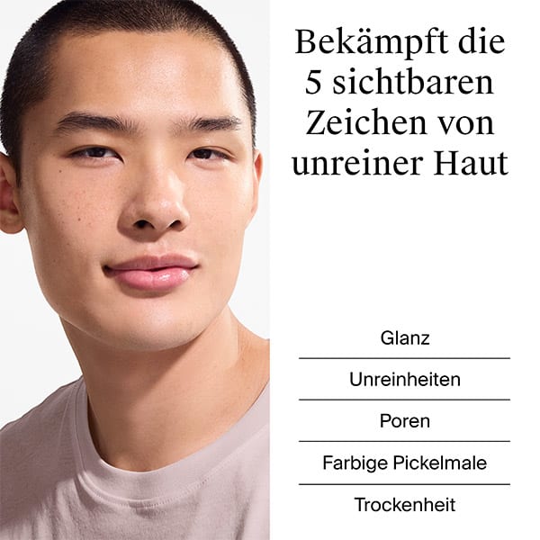 Ein Text beschreibt „5 sichtbare Zeichen von unreiner Haut“: Glanz, Unreinheiten, Poren, Farbige Pickelmale, Trockenheit. Links ist ein Gesicht zu sehen.