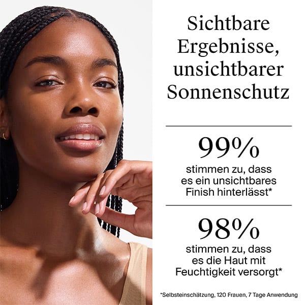 Ein Textfeld mit der Aufschrift „Ergebnisse, unsichtbarer Sonnenschutz“ und darunter „99 % stimmen zu, dass es ein unsichtbares Finish hinterlässt*“ sowie „98 % stimmen zu, dass es die Haut mit...“