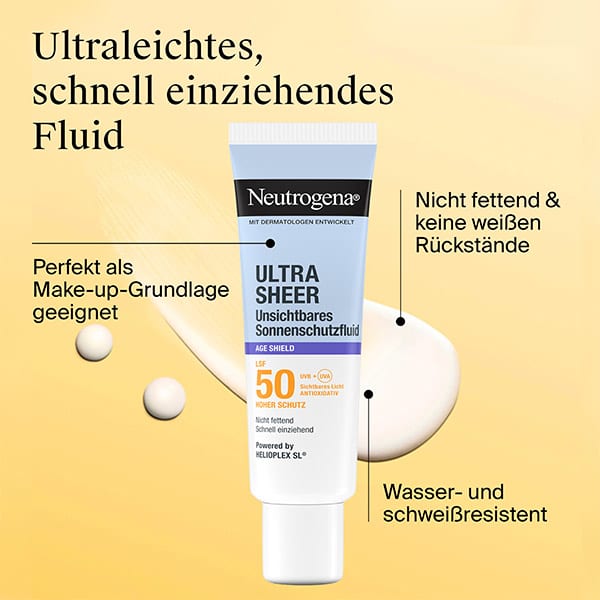Eine Produktverpackung von Neutrogena Ultra Sheer Unsichtbares Sonnenschutzfluid mit Lichtschutzfaktor 50. Auf der Verpackung stehen die Eigenschaften: nicht fettend, keine weißen Rückstände, perfekt als Make-up-Grundlage geeignet, wasser- und schweißresistent.