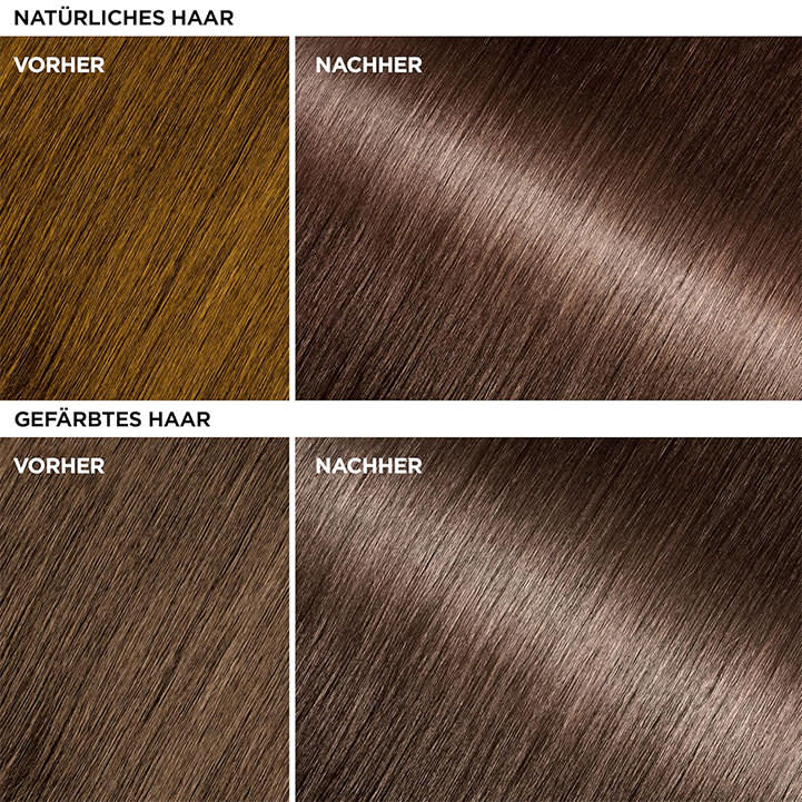 Collage aus vier Bildern, die den Unterschied von gefärbtem Haar zeigen. Oben links: hellbraunes Haar, oben rechts: dunkelbraunes Haar. Unten links: Text „Vorher“ über hellbraunem Haar, unten rechts: Text „Nachher“ über dunkelbraunem Haar.