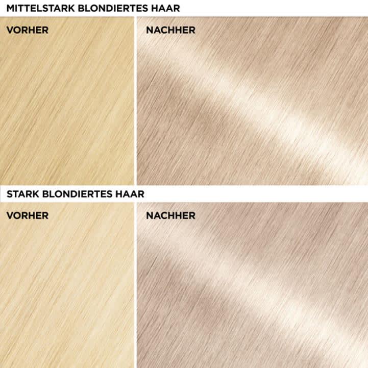 Collage aus zwei Bildern von blondiertem Haar. Links oben hellblondes Haar mit der Aufschrift „Vorher“, rechts oben aschblondes Haar mit der Aufschrift „Nachher“. Oben steht „Stark blondiertes Haar“