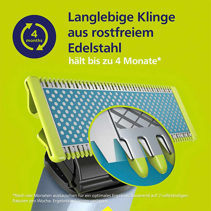 Eine Rasierklinge aus rostfreiem Edelstahl mit der Aufschrift „hält bis zu 4 Monate“ auf einem grünen Hintergrund.