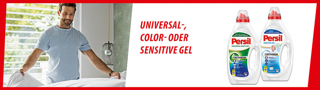 Ein Werbebild mit dem Text „UNIVERSAL-, COLOR- ODER SENSITIVE GEL“ in roter Schrift auf weißem Hintergrund. Links ist ein Teil einer Person zu sehen, die ein Bett macht.