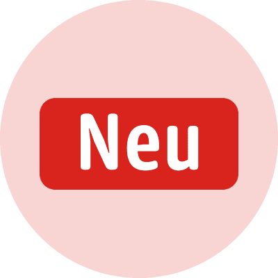 Rotes Rechteck mit weißer Aufschrift „NEU“ auf rosa Hintergrund