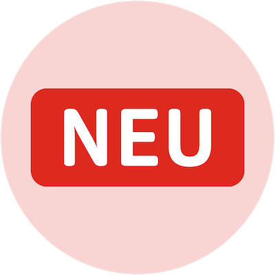 Rotes Rechteck mit weißer Aufschrift „NEU“ auf rosa Hintergrund