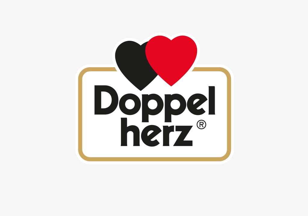 Das Logo von Doppelherz mit einem schwarzen und einem roten Herz über dem Schriftzug.