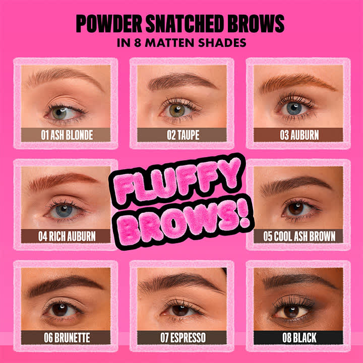 Collage aus sechs Bildern von Augenbrauen in verschiedenen Farben: 01 Ash Blonde, 02 Taupe, 03 Auburn, 04 Rich Auburn, 05 Cool Ash Brown. In der Mitte der Schriftzug „Fluffy Brows!“ auf pinkem Hintergrund.