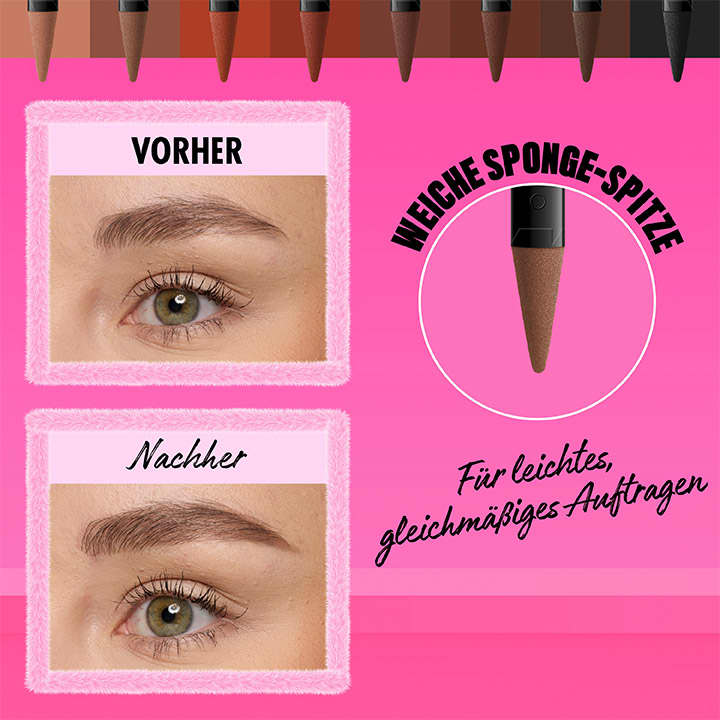 Vorher-Nachher-Bilder von Augenbrauen auf rosa Hintergrund, oben „Vorher“ und unten „Nachher“ beschriftet. Rechts ein brauner Applikator mit der Aufschrift „Weiche Sponge-Spitze“. Unten der Text „Für leichtes, gleichmäßiges Auftragen“