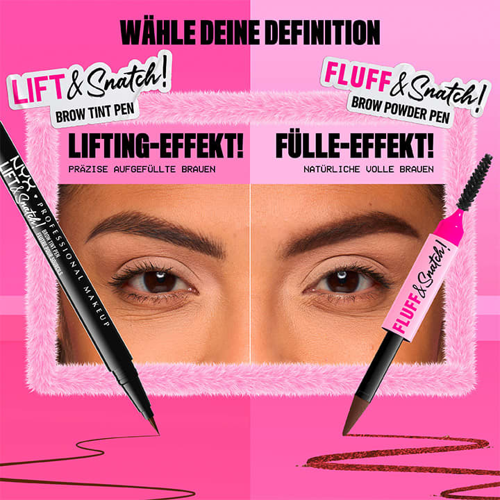 Produktverpackung mit pinkem Hintergrund zeigt zwei Augenbrauenstifte von NYX. Links der „Lift & Snatch Brow Tint Pen“ in Schwarz, rechts der „Fluff & Snatch Brow Pomade Pen“ in Pink. Oben sind die Produktnamen in schwarzer und pinker Schrift zu lesen.