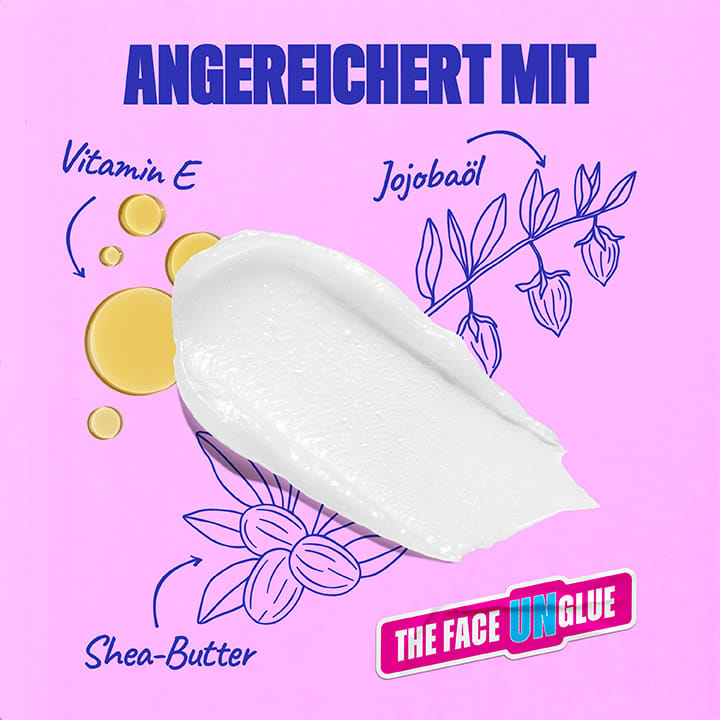 Eine rosa Verpackung mit einer weißen Creme, daneben Zeichnungen von Jojobapflanzen und Vitamin-E-Tropfen sowie der Text „Vitamin E“ und „Jojobaöl“