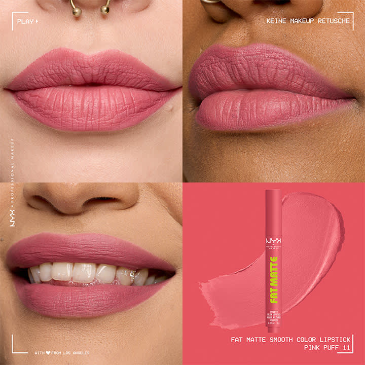 Collage aus vier Bildern: Oben links und rechts Nahaufnahmen von Lippen mit rosa Lippenstift, unten links lächelnde Lippen mit rosa Lippenstift, unten rechts rosa Lippenstift von NYX mit der Aufschrift „FAT MATTE“ auf rosa Hintergrund.