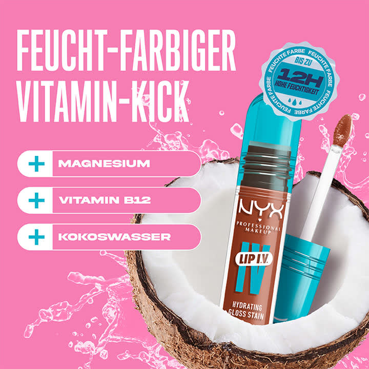 Produktverpackung eines Lippenpflegestifts von NYX mit der Aufschrift „LIP I.V. Hydrating Lip Oil“. Der Hintergrund ist pink mit einer halben Kokosnuss. Text auf der Verpackung: „Feucht-fandiger Vitamin-Kick“. Auf der linken Seite sind die Inhaltsstoffe „Magnesium“, „Vitamin B12“ und „Kokoswasser“ aufgelistet. Ein Siegel oben rechts verspricht „bis zu 12h hohe Feuchtigkeit“
