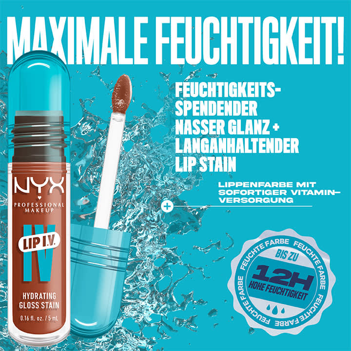Eine Produktverpackung von NYX Professional Makeup zeigt einen Lip I.V. Hydrating Lip Stain in Türkis. Aufschriften: „Feuchtigkeitsspendender nasser Glanz + langanhaltender Lip Stain“, „Lippenfarbe mit sofortiger Vitaminversorgung“, „Bis zu 12h hohe Feuchtigkeit“