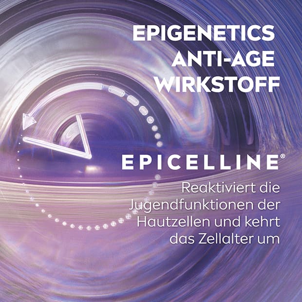 Violettes Werbebild mit weißer Schrift: „EPIGENETICS ANTI-AGE WIRKSTOFF“ und Markenname „EPICELLINE“, dazu Text: „Reaktiviert die Jugendfunktionen der Hautzellen und kehrt das Zellalter um“