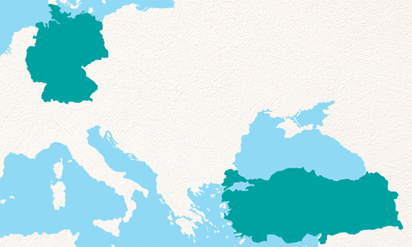 Karte von Südeuropa und dem östlichen Mittelmeer mit farblich hervorgehobenen Umrissen von Deutschland und der Türkei
