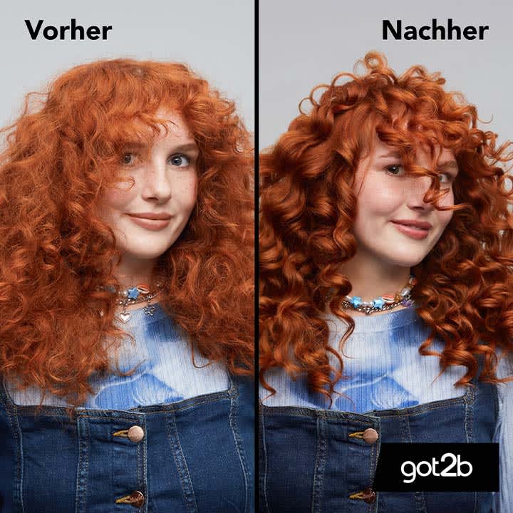 Zwei nebeneinander gezeigte Nahaufnahmen desselben Oberkörpers mit roten, lockigen Haaren; links volles, krauses Haar mit weniger definierten Locken, rechts deutlich definierte, glänzende Ringellocken; beide tragen ein blaues Denim-Oberteil und eine bunte Perlenkette