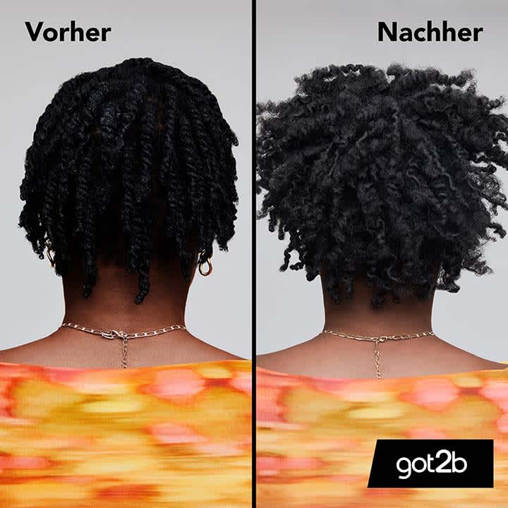 Zweigeteilte Ansicht von hinten: links dicht gedrehte, glänzende Twists bis zum Nacken, rechts aufgefächerte, voluminöse Texture-Styles mit sichtbarer Lockenstruktur; beide Bilder zeigen dieselbe Person mit kurzem Halskettchen und einem orange-gelb gemusterten Oberteil