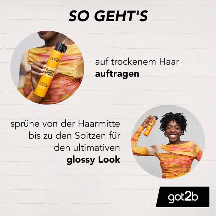 Zwei kreisrunde Fotos: links eine Person in buntem, gelb-orangen Oberteil hält eine gelbe Styling-Sprühflasche mit schwarzem Sprühkopf, daneben Text „auf trockenem Haar auftragen“, rechts dieselbe Person von hinten mit kurzen, lockigen Haaren sprüht Produkt in die Haarlängen, daneben Text „sprühe von der Haarmitte bis zu den Spitzen für den ultimativen glossy Look“