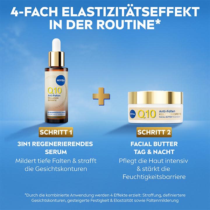 links braune Glasflasche mit Pipette, darunter Text Schritt 1 3in1 regenerierendes Serum“, rechts weiße Dose mit goldenem Deckel, darunter Text „Schritt 2 Facial Butter Tag & Nacht“, im oberen Bildbereich großer Titel „4-fach Elastizitätseffekt in der Routine“