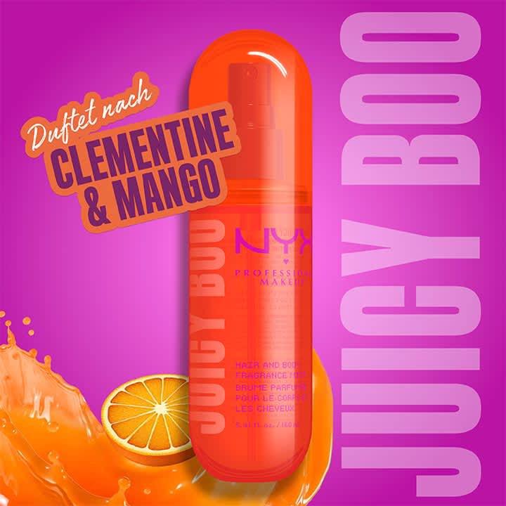 orangefarbene Sprayflasche mit der Aufschrift „JUICY BOU“ und Markenlogo, links Schriftzug „Duftet nach CLEMENTINE & MANGO“ sowie abgebildete Clementinenscheiben auf pinkem Hintergrund