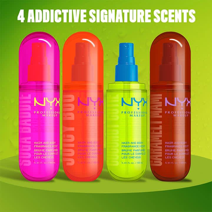 Vier bunte Zylinderdosen mit Pumpsprühköpfen in Neonfarben; von links nach rechts pink, orange, gelbgrün und rotbraun, auf den Flaschen gut lesbar die Marke „NYX“ und der Zusatz „Professional Makeup“ sowie kleinere Produkttexte