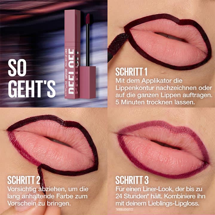 Vierteilige Bildanleitung zur Anwendung eines flüssigen Lipliners: oben links Produktflakon und Schrift „SO GEHT'S“, oben rechts Schritt 1 mit Text „Mit dem Applikator die Lippenkontur nachzeichnen oder auf die ganzen Lippen auftragen. 5 Minuten trocknen lassen“ und einem Mund, oben und unten links Schritt 2 zeigt dunkle Kontur rund um die Ober- und Unterlippe, unten rechts Schritt 3 zeigt ausgefüllte, trocken glänzende Lippen mit dunklem Rand