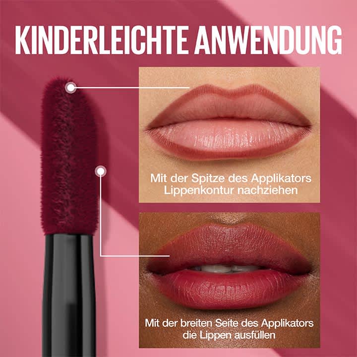 Close-up eines roten Lipgloss-Applikators links und zwei Fotofelder rechts: oben helle Lippen mit der Beschriftung „Mit der Spitze des Applikators Lippenkontur nachziehen“, unten dunklere Lippen mit der Beschriftung „Mit der breiten Seite des Applikators die Lippen ausfüllen“
