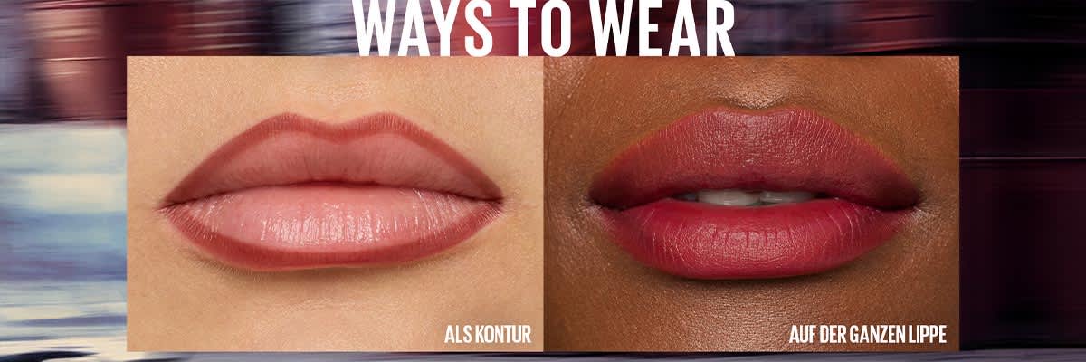 Zwei Nahaufnahmen von Lippen nebeneinander, links mit dezent konturierter Nude-Lipfarbe beschriftet „ALS KONTUR“, rechts mit voll aufgetragener roter Lippe beschriftet „AUF DER GANZEN LIPPE“, oben Teiltext „WAYS TO WEAR“