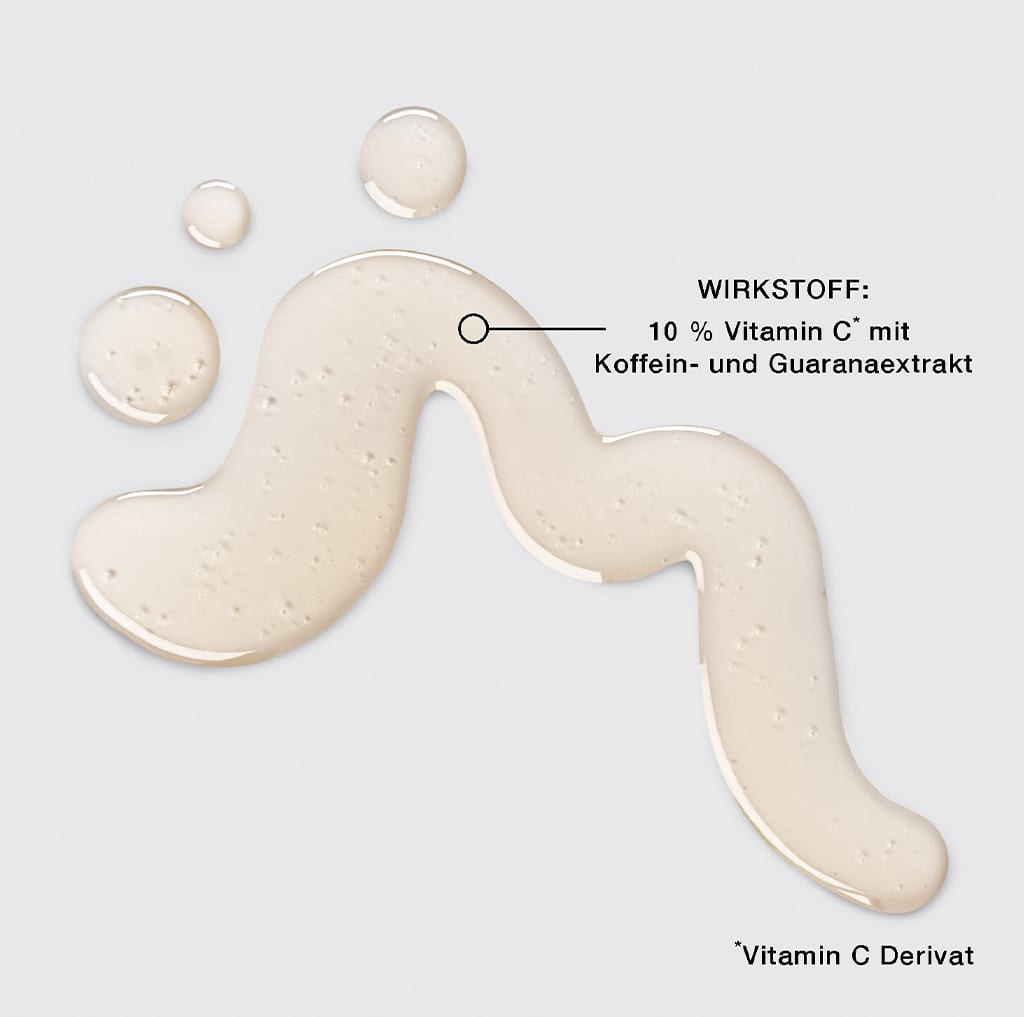 helle Flüssigkeits- oder Serum-Flecken auf hellem Hintergrund, neben Beschriftung „WIRKSTOFF: 10 % Vitamin C* mit Koffein- und Guaranaextrakt“ und Fußnote „*Vitamin C Derivat“