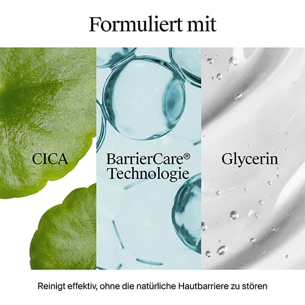Dreiteilige Grafik mit der Überschrift „Formuliert mit“: links grünes Cica-Blatt mit Schriftzug „CICA“, Mitte blaue Blasen mit Schriftzug „BarrierCare® Technologie“, rechts klares Gel mit Schriftzug „Glycerin“ und darunter der Text „Reinigt effektiv, ohne die natürliche Hautbarriere zu stören“