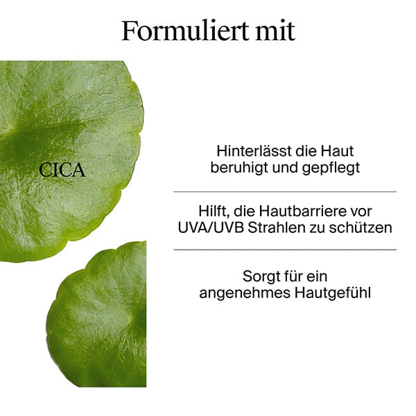 Weiße Werbegrafik mit der Überschrift „Formuliert mit“, links zwei grüne Cica-Blätter, rechts drei Textzeilen: „Hinterlässt die Haut beruhigt und gepflegt“, „Hilft, die Hautbarriere vor UVA/UVB Strahlen zu schützen“, „Sorgt für ein angenehmes Hautgefühl“