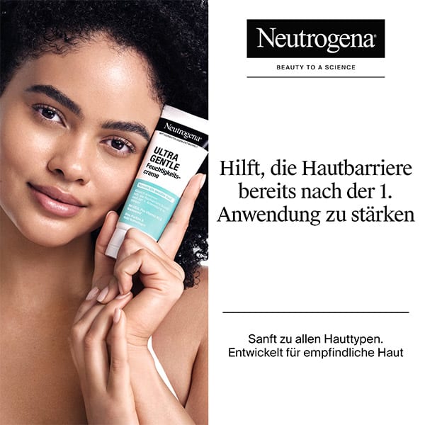 Porträt einer Frau, die eine Neutrogena Ultra Gentle Feuchtigkeitscreme in einer weiß-türkisen Tube hält; rechts Logo „Neutrogena“ und Text „Hilft, die Hautbarriere bereits nach der 1. Anwendung zu stärken“, darunter „Sanft zu allen Hauttypen. Entwickelt für empfindliche Haut“