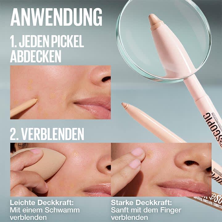 Anleitung für Make-up-Anwendung: oben großer Text „ANWENDUNG“, 1. Bild zeigt einen Concealer-Stift, daneben Text „1. JEDEN PICKEL ABDECKEN“, darunter Nahaufnahme eines Gesichts, auf das mit dem Stift Punkte aufgetragen werden, 2. Bild zeigt Text „2. VERBLENDEN“ und eine Hand, die mit einem Make-up-Schwamm die aufgetragene Stelle verblendet, unten Text „Leichte Deckkraft: Mit einem Schwamm verblenden“ und Starke Deckkraft: Sanft mit dem Finger verblenden