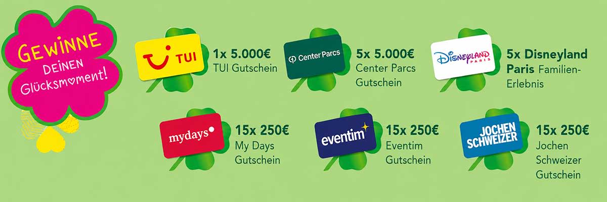 Mehrere grüne Kleeblatt-Symbole mit aufgesetzten Gutscheinkarten: oben links grüne Karte mit Logo „Center Parcs“ und Text „5x 500€ Center Parcs Gutschein“, oben rechts weiße Karte mit Logo „Disneyland Paris“, unten links dunkelblaue Karte mit Logo „eventim“ und Text „15x 250€ Eventim Gutschein“, unten rechts blaue Karte mit Logo „Jochen Schweizer“