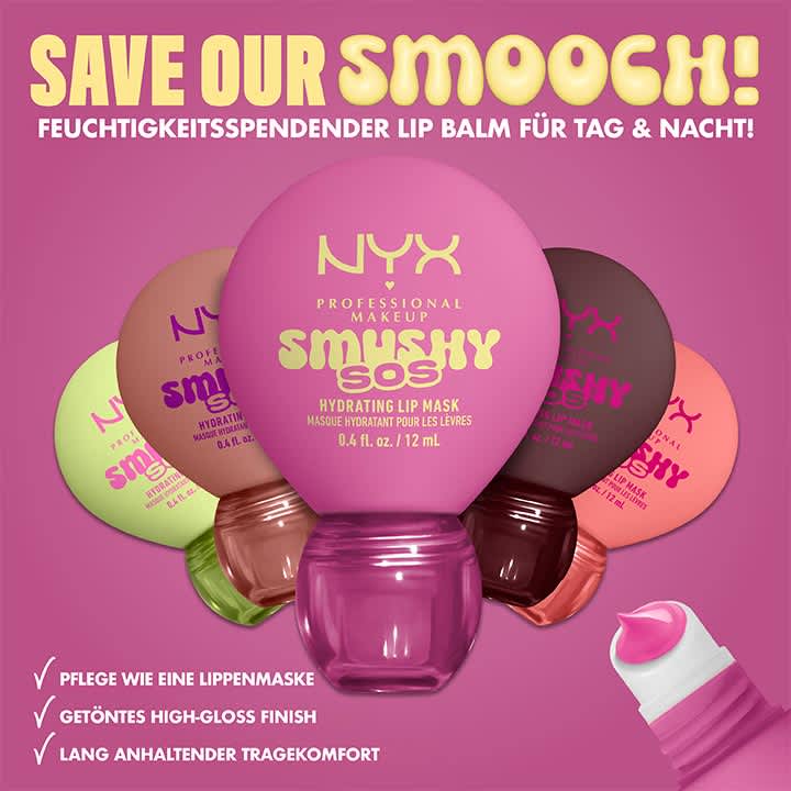 Werbeabbildung für NYX Professional Makeup „Smushy SOS“ hydratisierende Lip Mask in runden, bunten Döschen, zentral ein großes pinkes Döschen mit goldener Aufschrift „NYX Professional Makeup Smushy SOS Hydrating Lip Mask 0.4 fl. oz. / 12 mL“, links und rechts kleinere Döschen in Pastellgrün, Nude, Dunkelrot und Koralle, oben großer gelber Text „SAVE OUR SMOOCH!“, unten drei weiße Stichpunkte: „Pflege wie eine Lippenmaske“, „Getöntes High-Gloss Finish“, „Lang anhaltender Tragekomfort“, rechts unten geöffnetes Döschen mit pinker Lippenmaske sichtbar