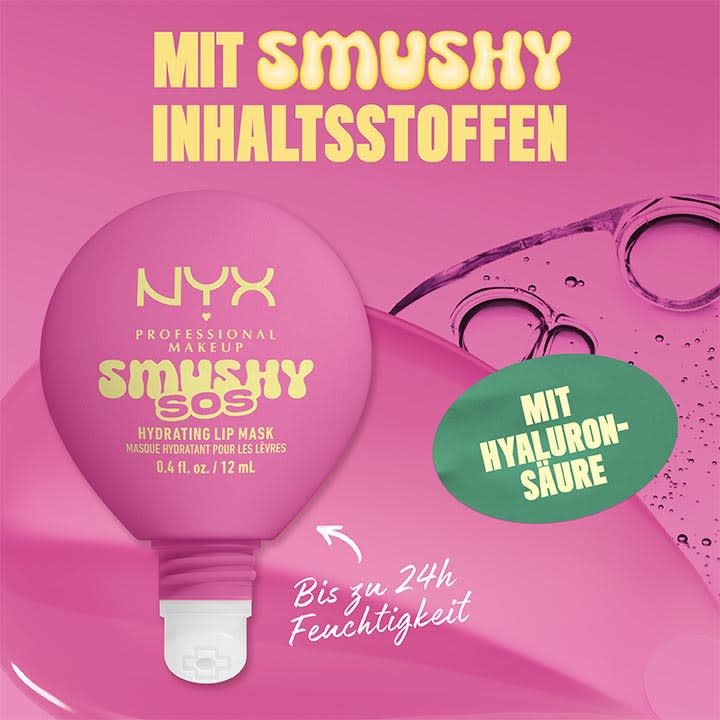 Rosa runde Tube NYX Professional Makeup „Smushy SOS Hydrating Lip Mask“ mit Aufschrift „0.4 fl. oz. / 12 ml“, daneben grüner Kreis mit Text „Mit Hyaluronsäure“ und großer gelber Schrift „Mit Smushy Inhaltsstoffen“, zusätzlicher weißer Text „Bis zu 24h Feuchtigkeit“