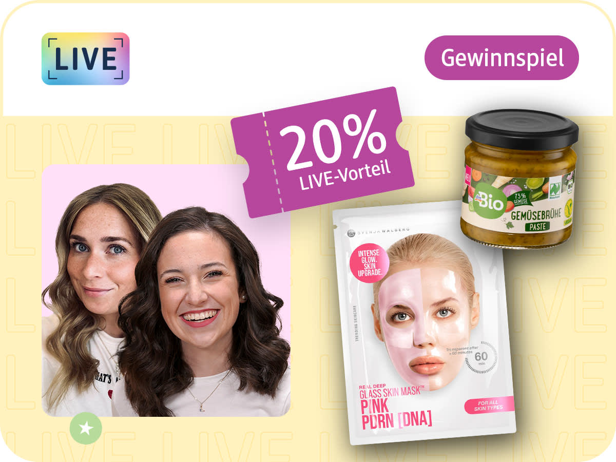 Die Moderatorinnen Lena und Marie lächeln in die Kamera, daneben die dmBio Gemüsebrühe Paste und die Svenja Walberg Tuchmaske Glass Skin Pink sowie ein 20 % Coupon und Hinweis auf ein Gewinnspiel
