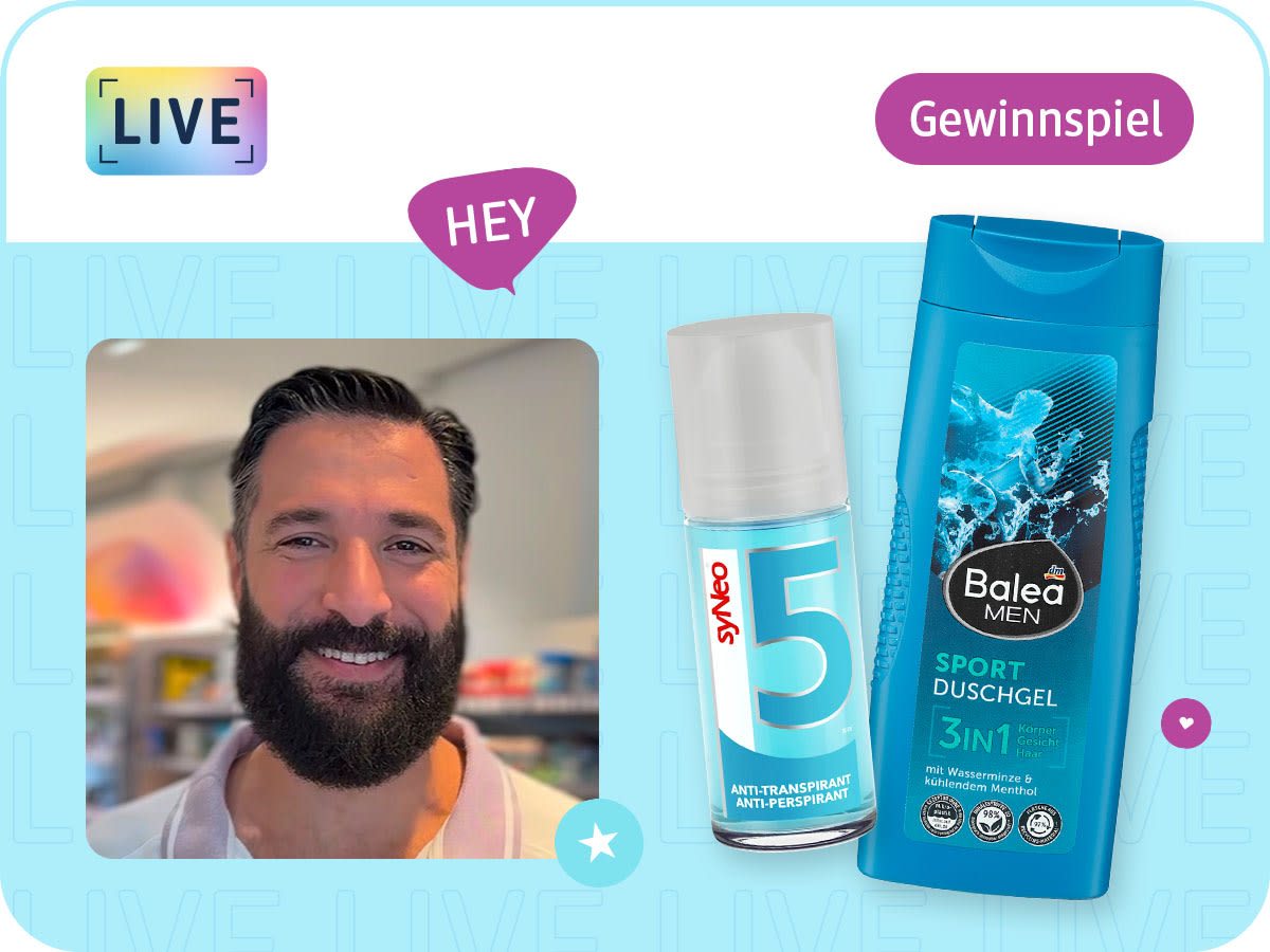 Creator Hicham lächelt in die Kamera, daneben Balea MEN Duschgel Sport 3in1 und syNeoAntitranspirant Deo Roll-On sowie der Hinweis auf ein Gewinnspiel