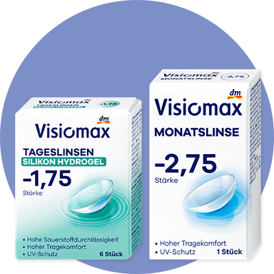 Zwei Visiomax Kontaktlinsen-Packungen nebeneinander: links weiße Schachtel „Tageslinsen Silikon Hydrogel -1,75“ mit grünem Akzent, Hinweis „6 Stück“; rechts weiße Schachtel „Monatslinse -2,75“ mit blauem Akzent und Hinweis „1 Stück“