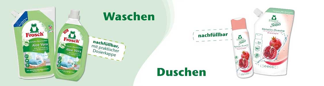 Grün-weiße Grafik mit den Worten „Waschen“ oben links und „Duschen“ unten rechts, dazu kleine Textfelder „nachfüllbar, mit praktischer Dosierkappe“ links und nachfüllbar rechts