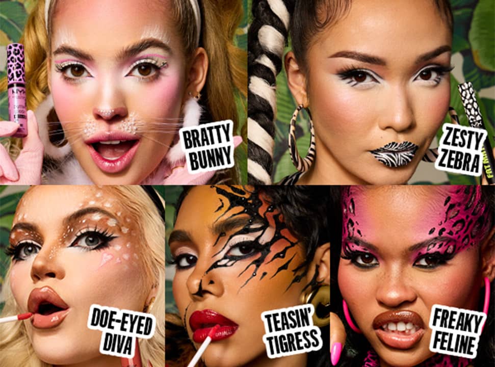 Sechs Close-up-Gesichter mit auffälligem, tierisch inspiriertem Make-up in Collage-Anordnung, oben links Textaufkleber „BRATTY BUNNY“, oben rechts „ZESTY ZEBRA“, unten links „DOE-EYED DIVA“, unten Mitte „TEASIN’ TIGRESS“, unten rechts „FREAKY FELINE“, teils sichtbare Lippenstifte und Muster wie Fell, Streifen und Punkte