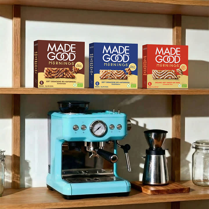 drei eckige Packungen „MADE GOOD MORNINGS“ in Braun, Blau und Rot auf einem Holzregal über einer türkisfarbenen Siebträgermaschine, auf den Packungen Hinweis „soft gebackene Bio-Haferkekse“ bzw. „organic soft baked oat bars“