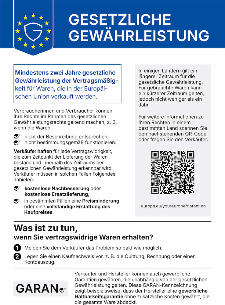 Plakat zur gesetzlichen Gewährleistung mit blauem Kopf und EU-Sternen, Text informiert über mindestens zwei Jahre Gewährleistung, Verbraucherrechte bei mangelhafter Ware, Pflichten des Verkäufers, Hinweise zu kostenloser Nacherfüllung oder Rückerstattung, QR-Code und Verweis auf europa.eu/youreurope/garantien